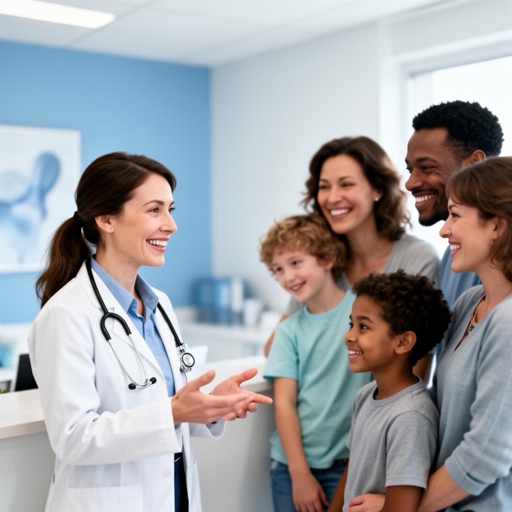 Médica conversando com família feliz em consultório moderno